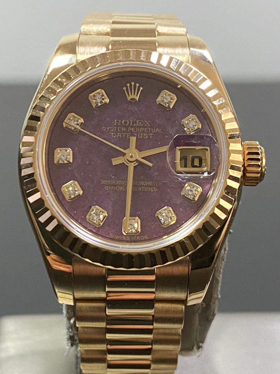 Rolex Yellow Gold Lady-Datejust - Y Serial - Fluted Bezel - Rubelite Diamond Dial - President Bracelet - 179178