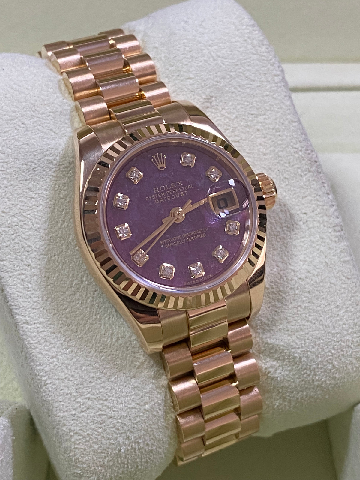 Rolex Yellow Gold Lady-Datejust - Y Serial - Fluted Bezel - Rubelite Diamond Dial - President Bracelet - 179178