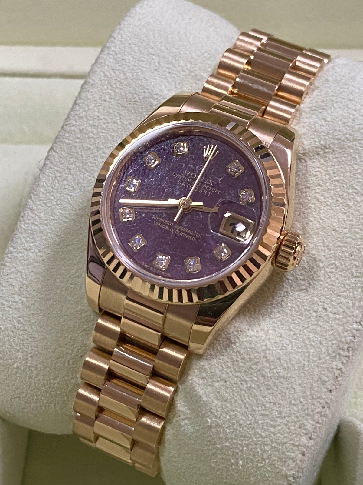 Rolex Yellow Gold Lady-Datejust - Y Serial - Fluted Bezel - Rubelite Diamond Dial - President Bracelet - 179178