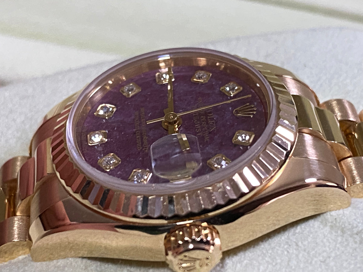 Rolex Yellow Gold Lady-Datejust - Y Serial - Fluted Bezel - Rubelite Diamond Dial - President Bracelet - 179178