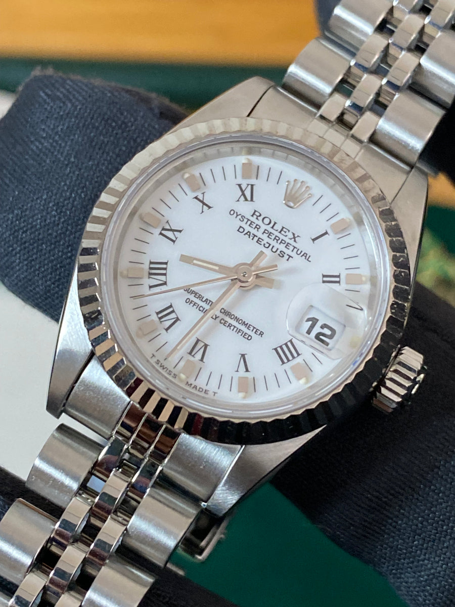 Rolex Steel Lady-Datejust - W serial- Fluted Bezel - White Roman Dial - Jubilee Bracelet - 69174 *FULL SET*