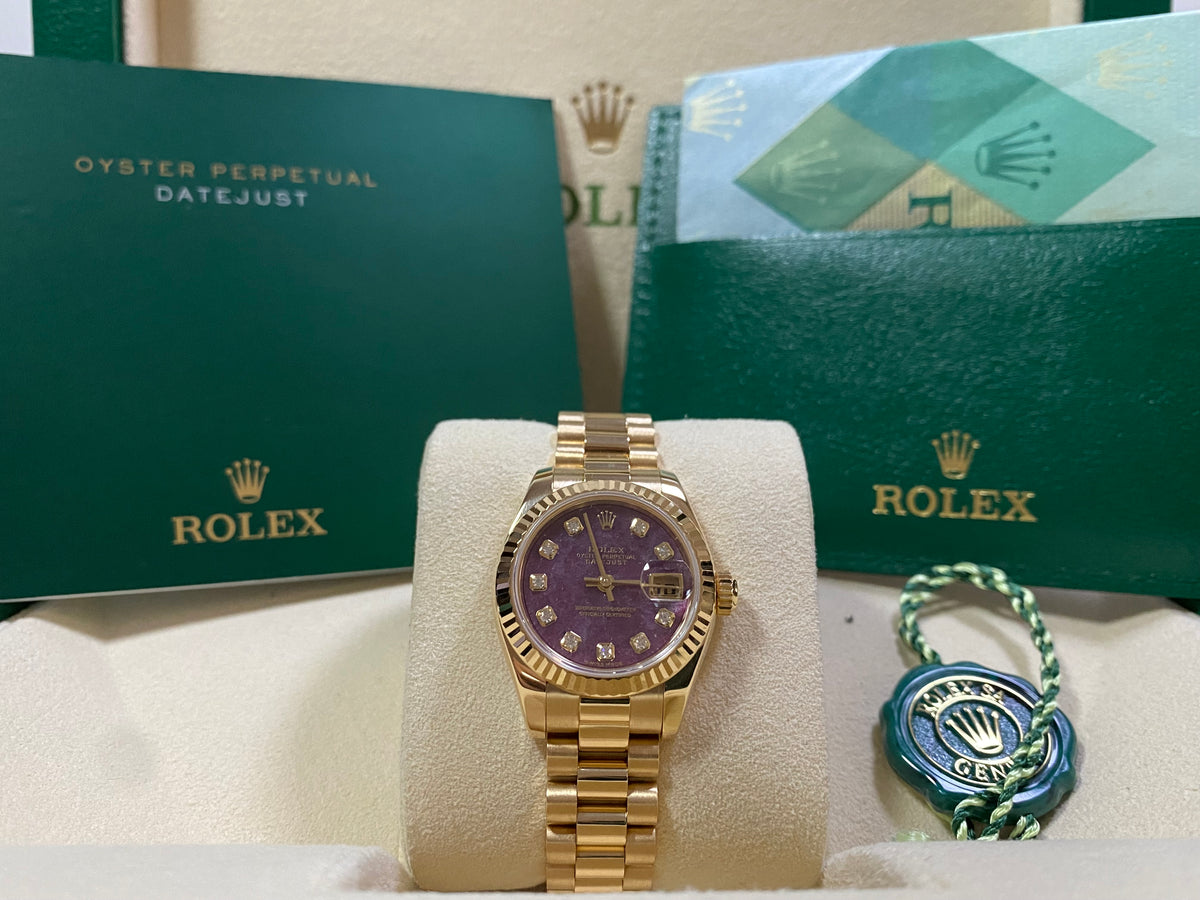 Rolex Yellow Gold Lady-Datejust - Y Serial - Fluted Bezel - Rubelite Diamond Dial - President Bracelet - 179178