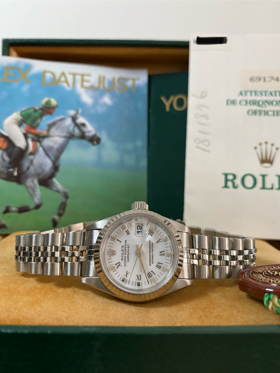 Rolex Steel Lady-Datejust - W serial- Fluted Bezel - White Roman Dial - Jubilee Bracelet - 69174 *FULL SET*