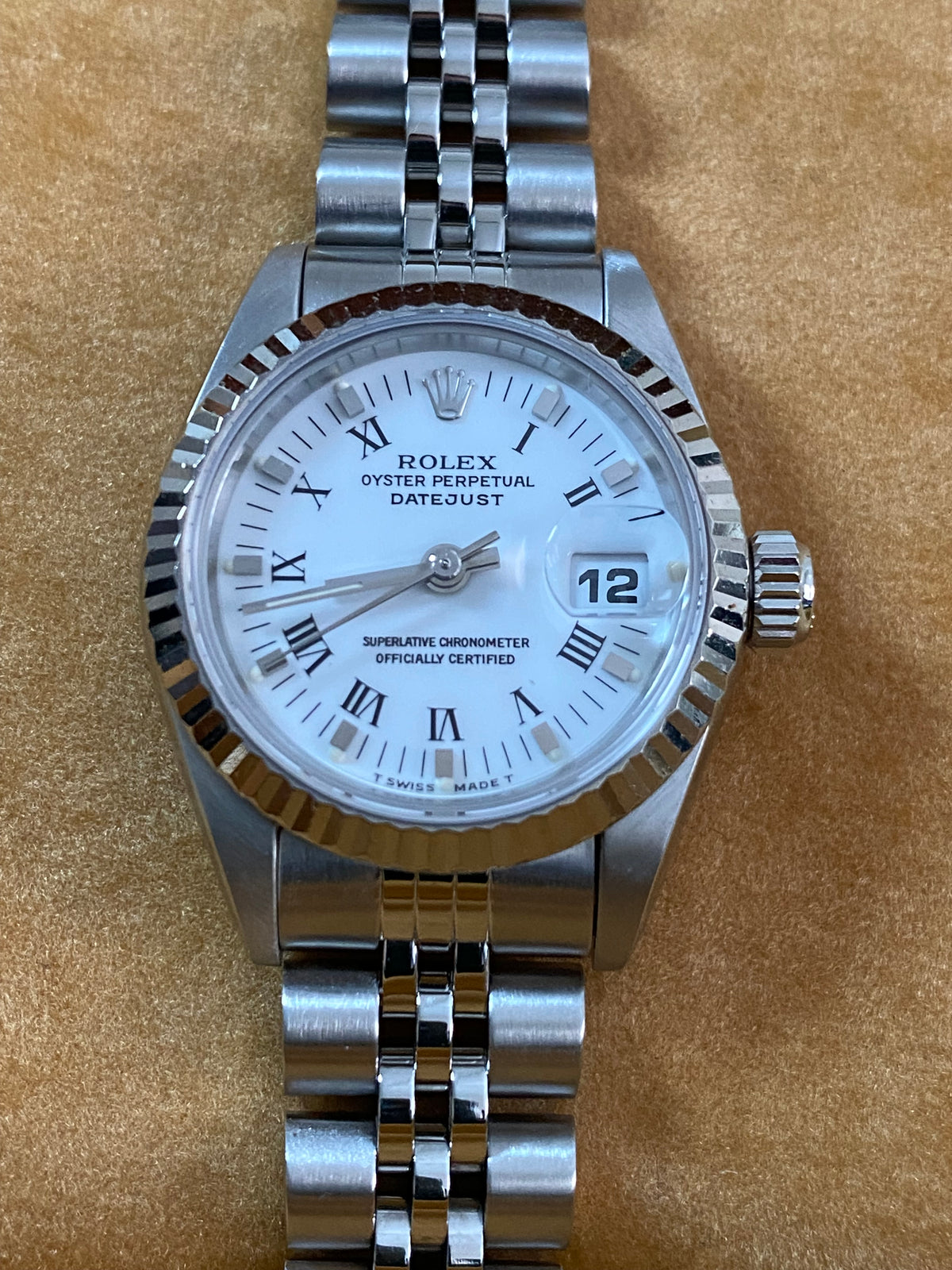 Rolex Steel Lady-Datejust - W serial- Fluted Bezel - White Roman Dial - Jubilee Bracelet - 69174 *FULL SET*