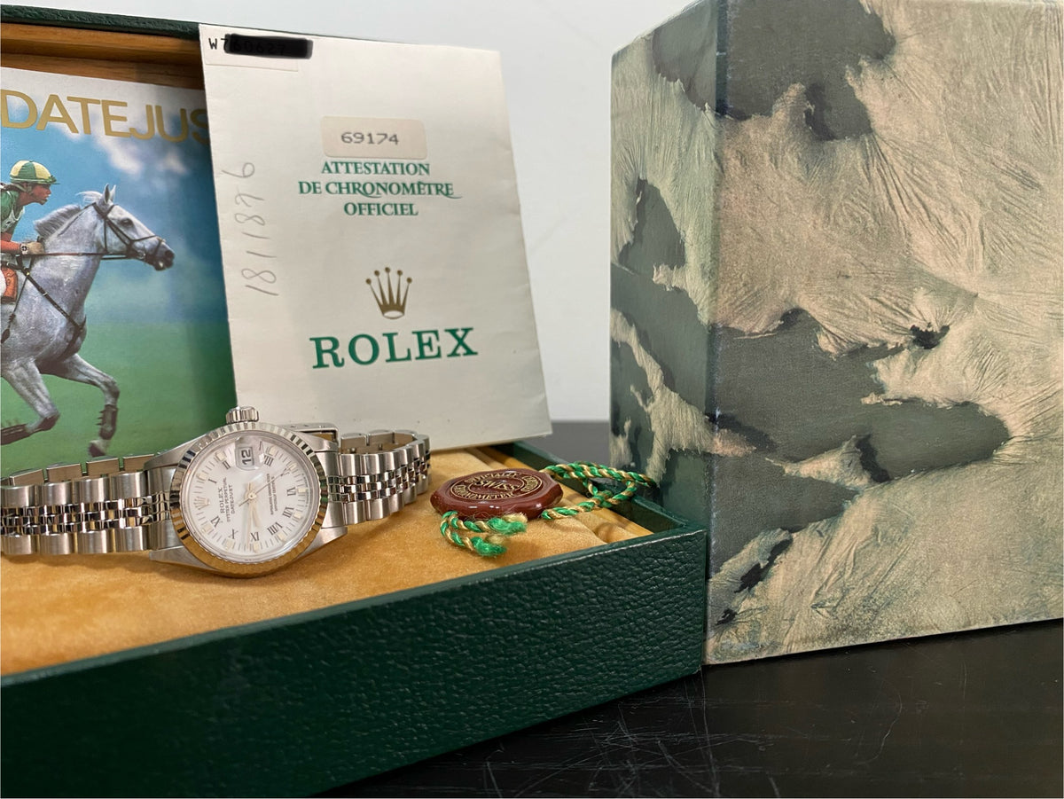 Rolex Steel Lady-Datejust - W serial- Fluted Bezel - White Roman Dial - Jubilee Bracelet - 69174 *FULL SET*