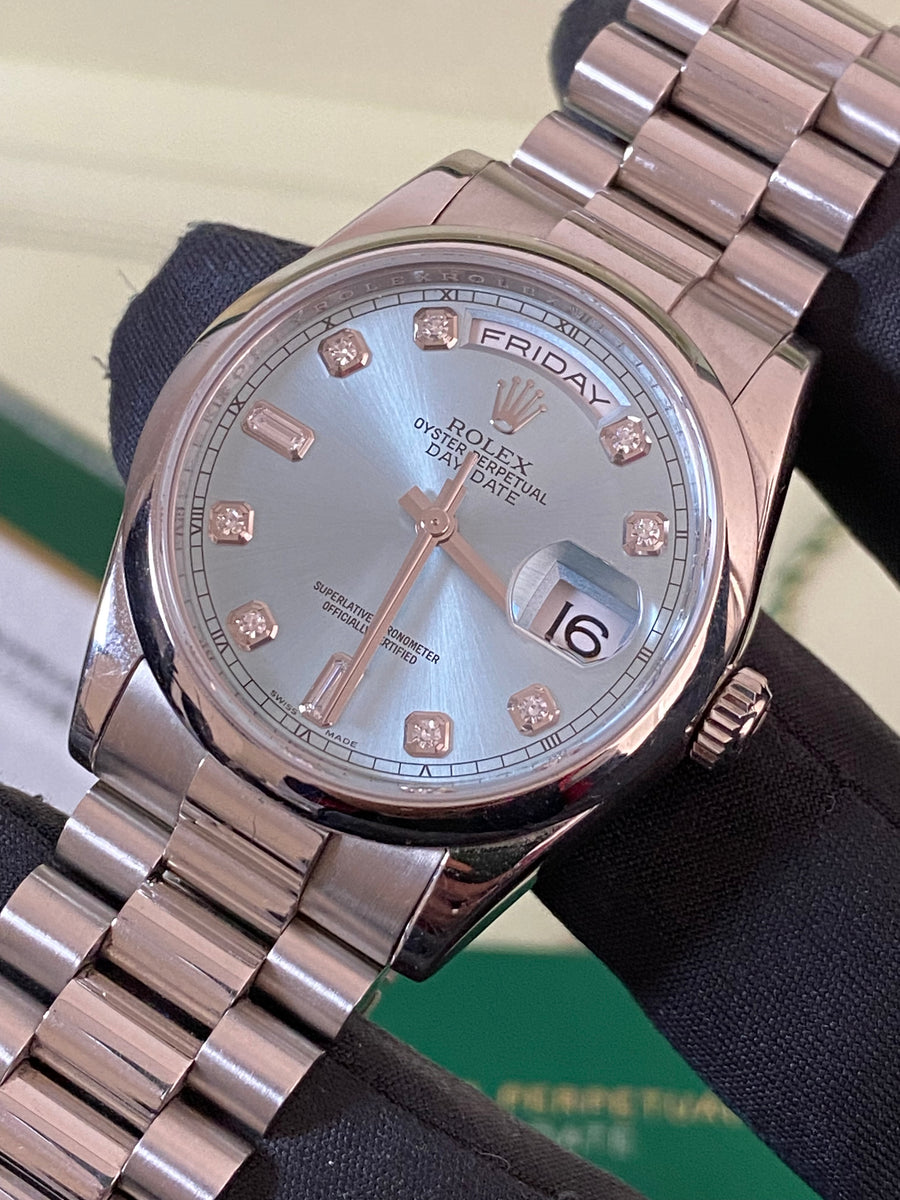 Rolex Platinum Day-Date 36 - 2014 - Domed Bezel - Ice Blue Diamond Dial - President Bracelet - 118206 *FULL SET*