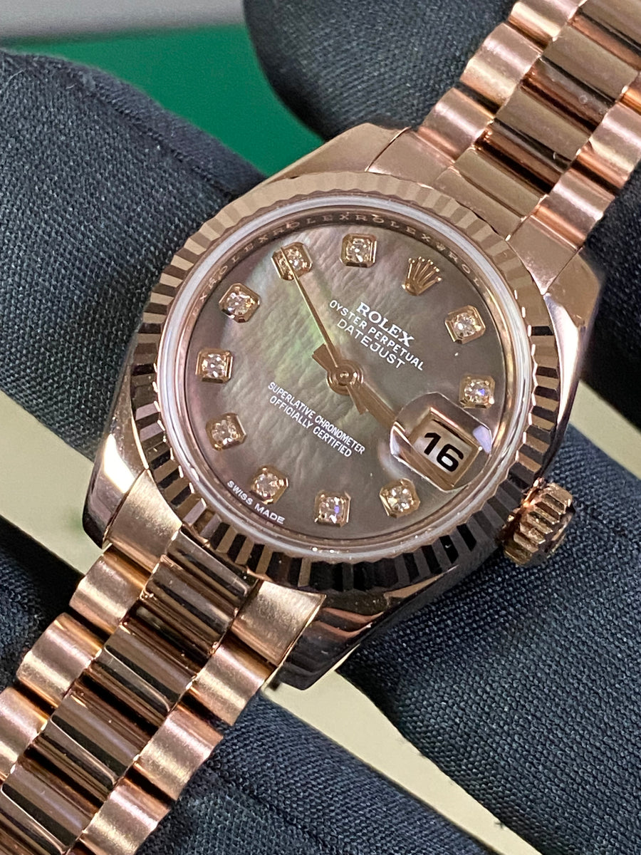 Rolex Everose Gold Lady-Datejust 26 - 2020 - Fluted Bezel - Factory Tahitian Mother of Pearl Diamond Dial - President Bracelet - 179175