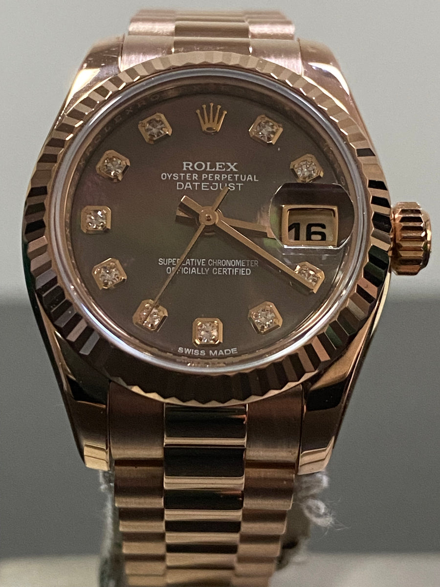 Rolex Everose Gold Lady-Datejust 26 - 2020 - Fluted Bezel - Factory Tahitian Mother of Pearl Diamond Dial - President Bracelet - 179175