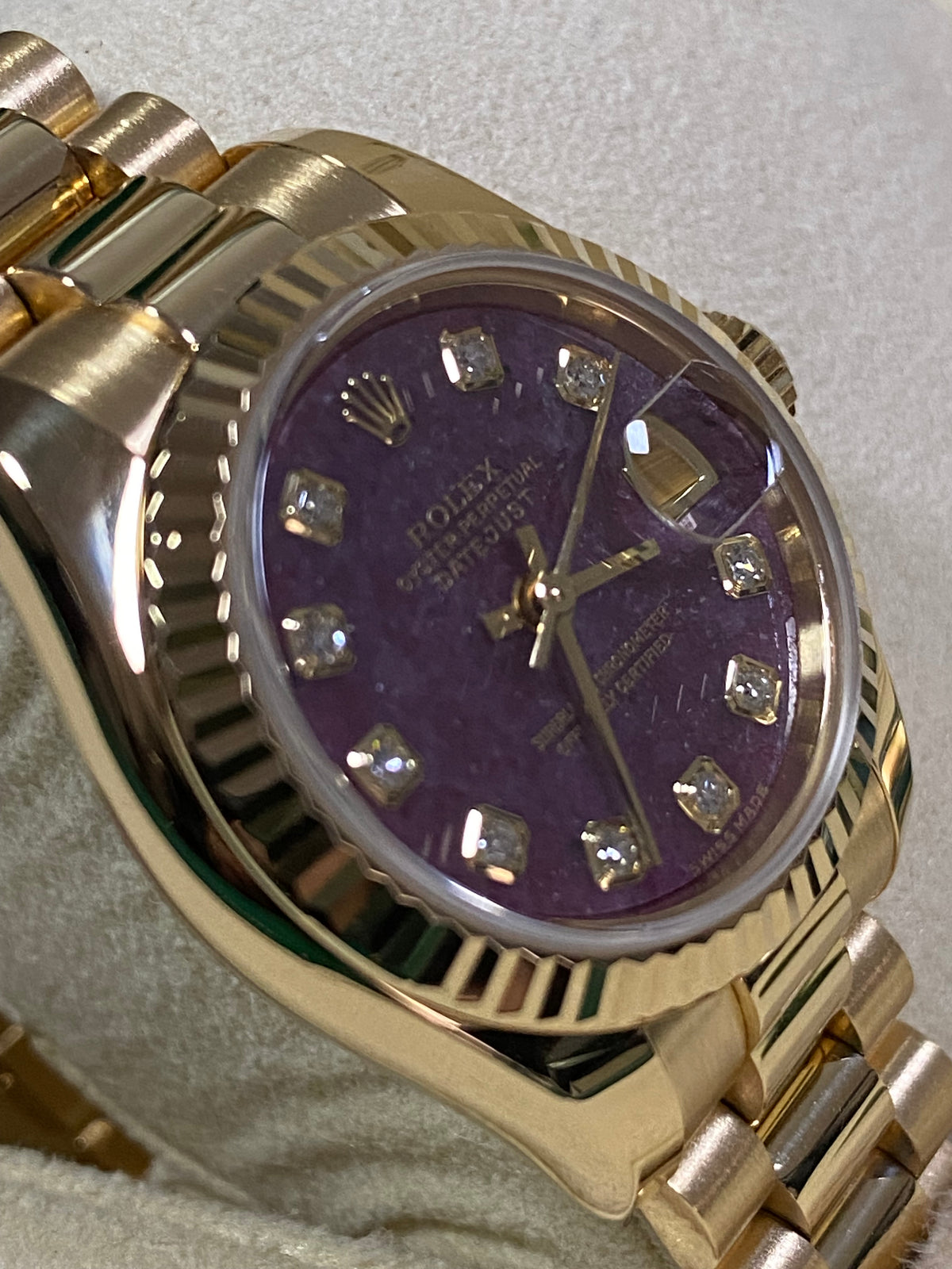 Rolex Yellow Gold Lady-Datejust - Y Serial - Fluted Bezel - Rubelite Diamond Dial - President Bracelet - 179178