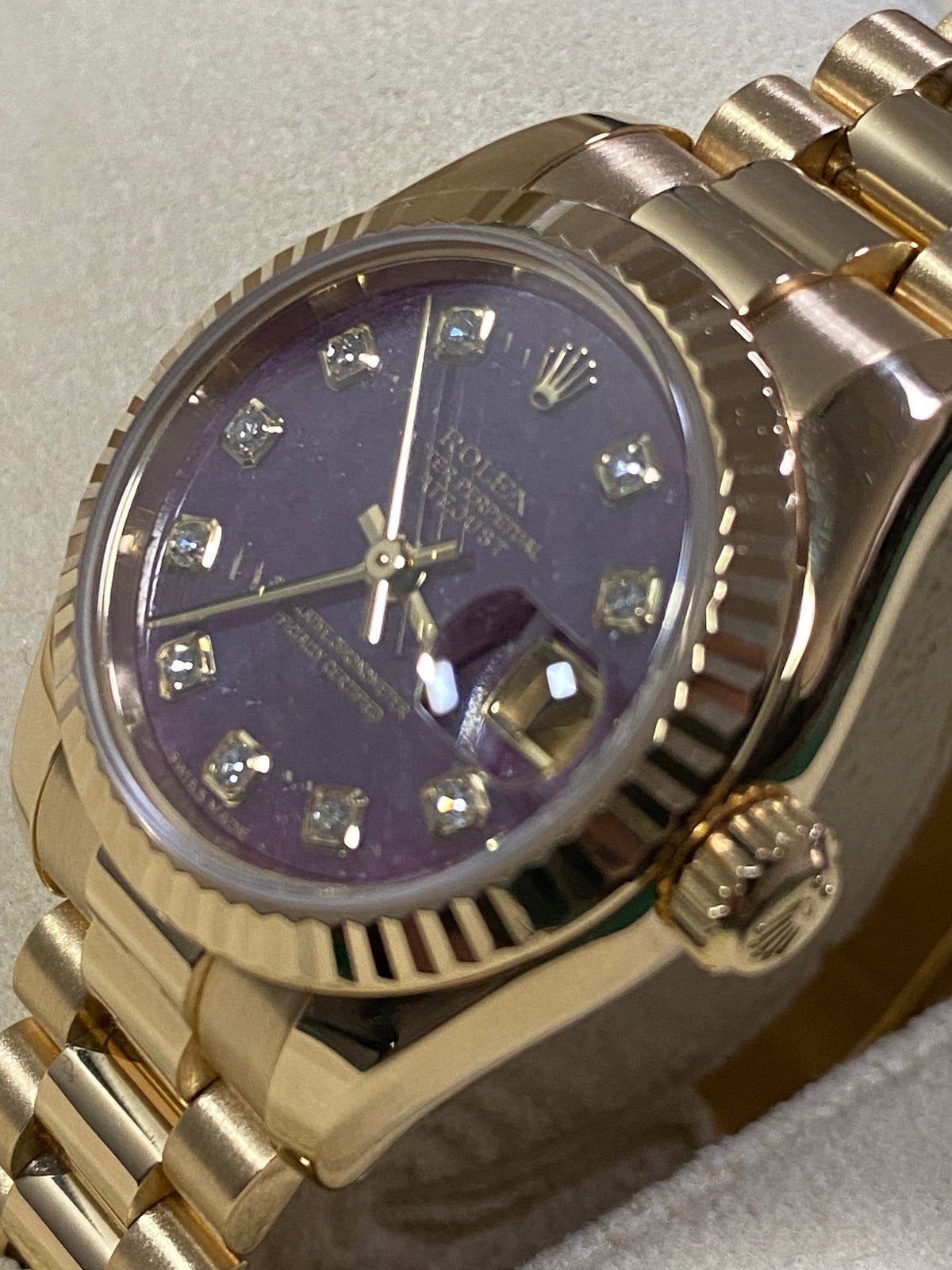 Rolex Yellow Gold Lady-Datejust - Y Serial - Fluted Bezel - Rubelite Diamond Dial - President Bracelet - 179178