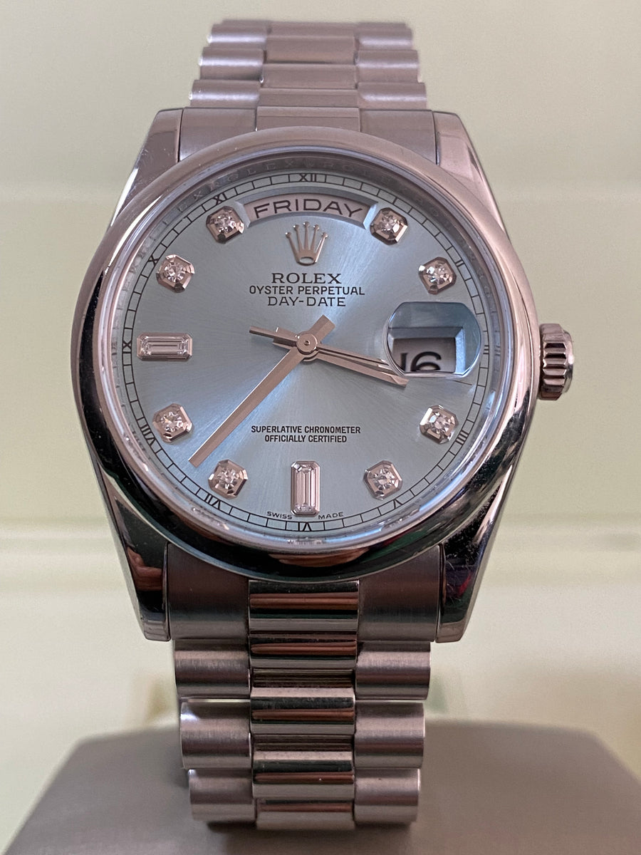 Rolex Platinum Day-Date 36 - 2014 - Domed Bezel - Ice Blue Diamond Dial - President Bracelet - 118206 *FULL SET*