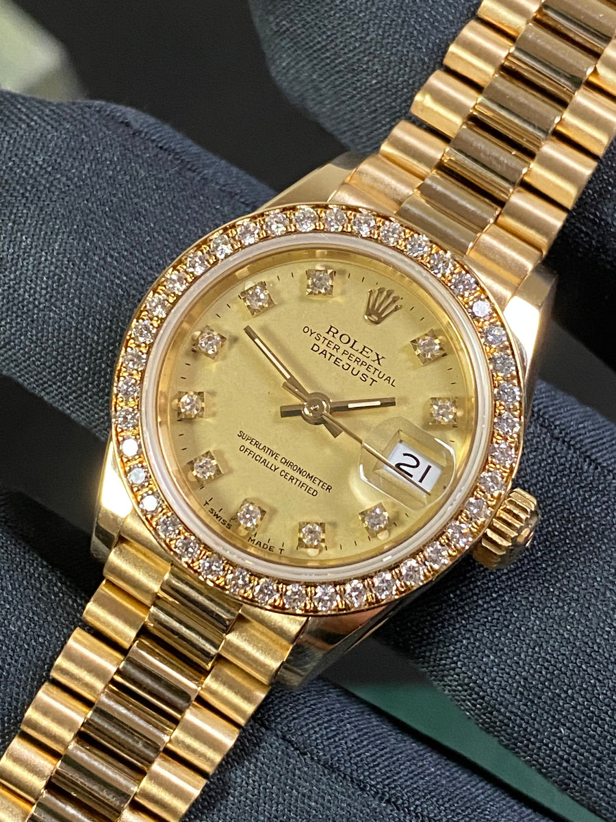 Rolex Yellow Gold Lady-Datejust 26 Crown Collection- N Serial - Diamond Bezel - Champagne Diamond Dial - President Bracelet - 69138