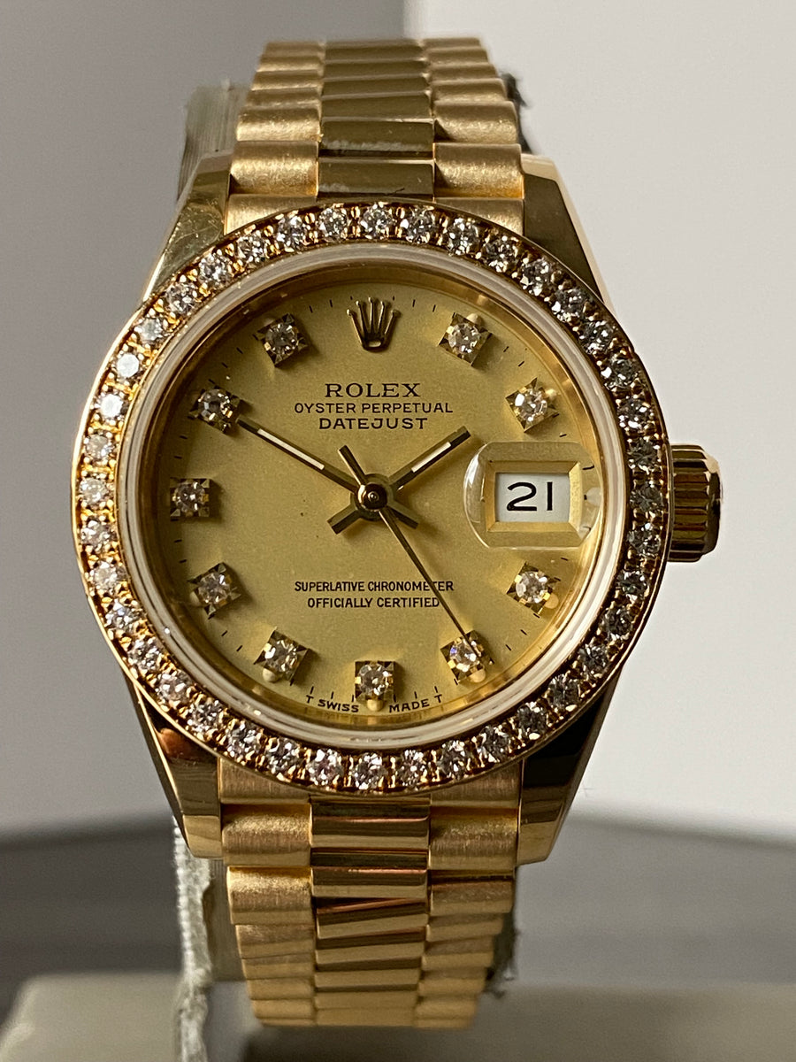 Rolex Yellow Gold Lady-Datejust 26 Crown Collection- N Serial - Diamond Bezel - Champagne Diamond Dial - President Bracelet - 69138