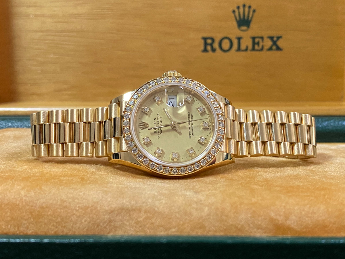 Rolex Yellow Gold Lady-Datejust 26 Crown Collection- N Serial - Diamond Bezel - Champagne Diamond Dial - President Bracelet - 69138