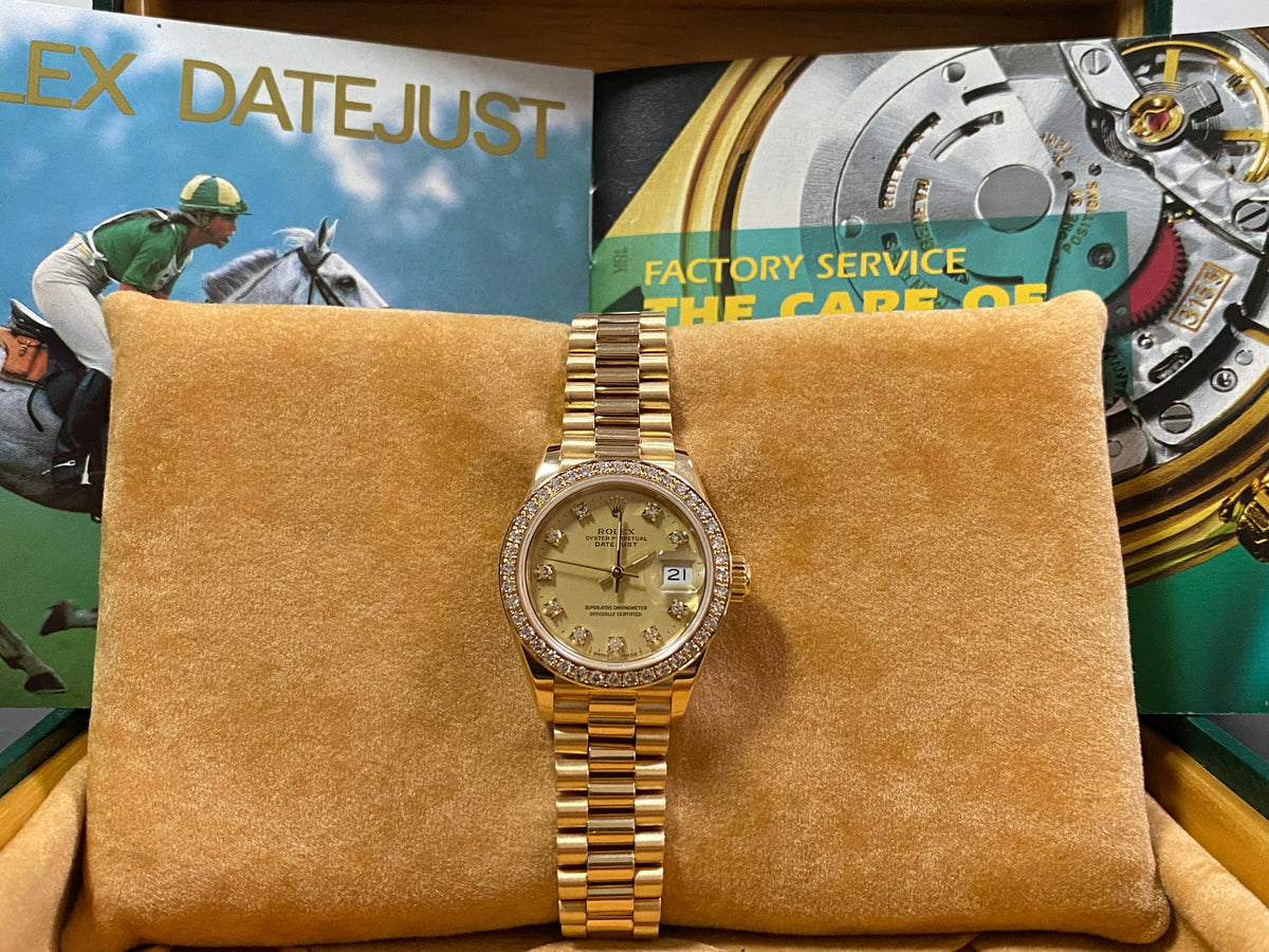 Rolex Yellow Gold Lady-Datejust 26 Crown Collection- N Serial - Diamond Bezel - Champagne Diamond Dial - President Bracelet - 69138