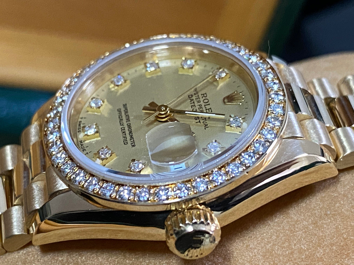 Rolex Yellow Gold Lady-Datejust 26 Crown Collection- N Serial - Diamond Bezel - Champagne Diamond Dial - President Bracelet - 69138