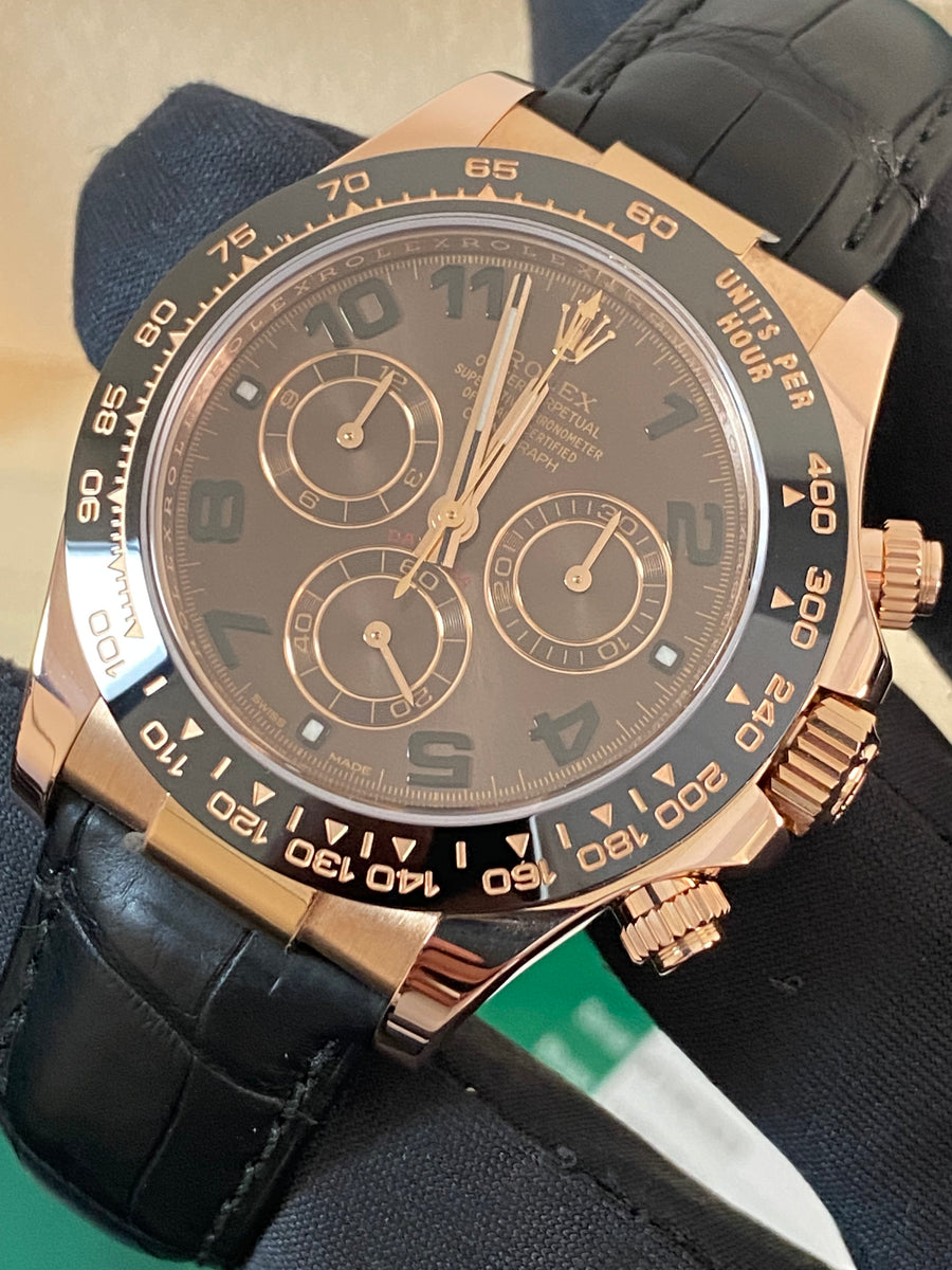 Rolex Everose Gold Cosmograph Daytona - 2015 - Chocolate Arabic Dial - Black Leather Strap - 116515LN *FULL SET*