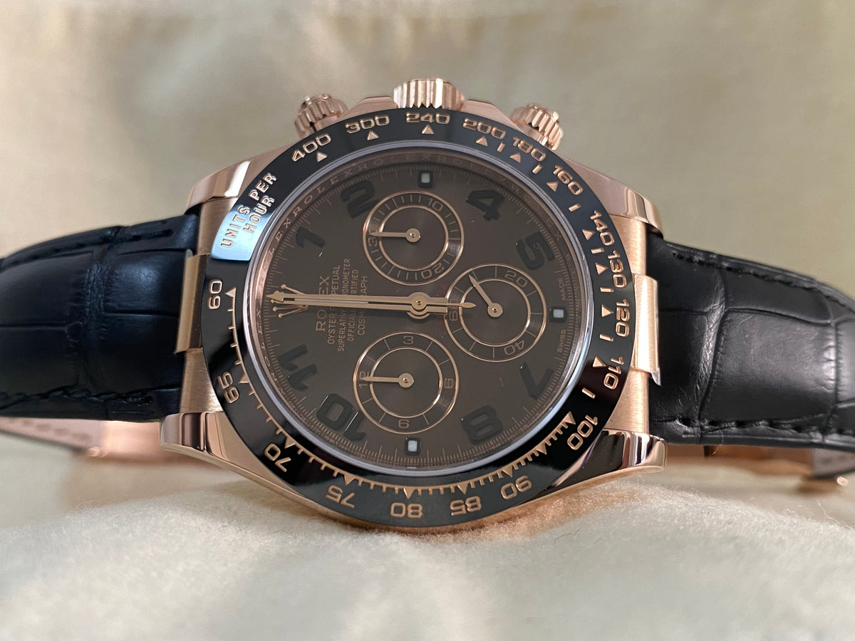 Rolex Everose Gold Cosmograph Daytona - 2015 - Chocolate Arabic Dial - Black Leather Strap - 116515LN *FULL SET*