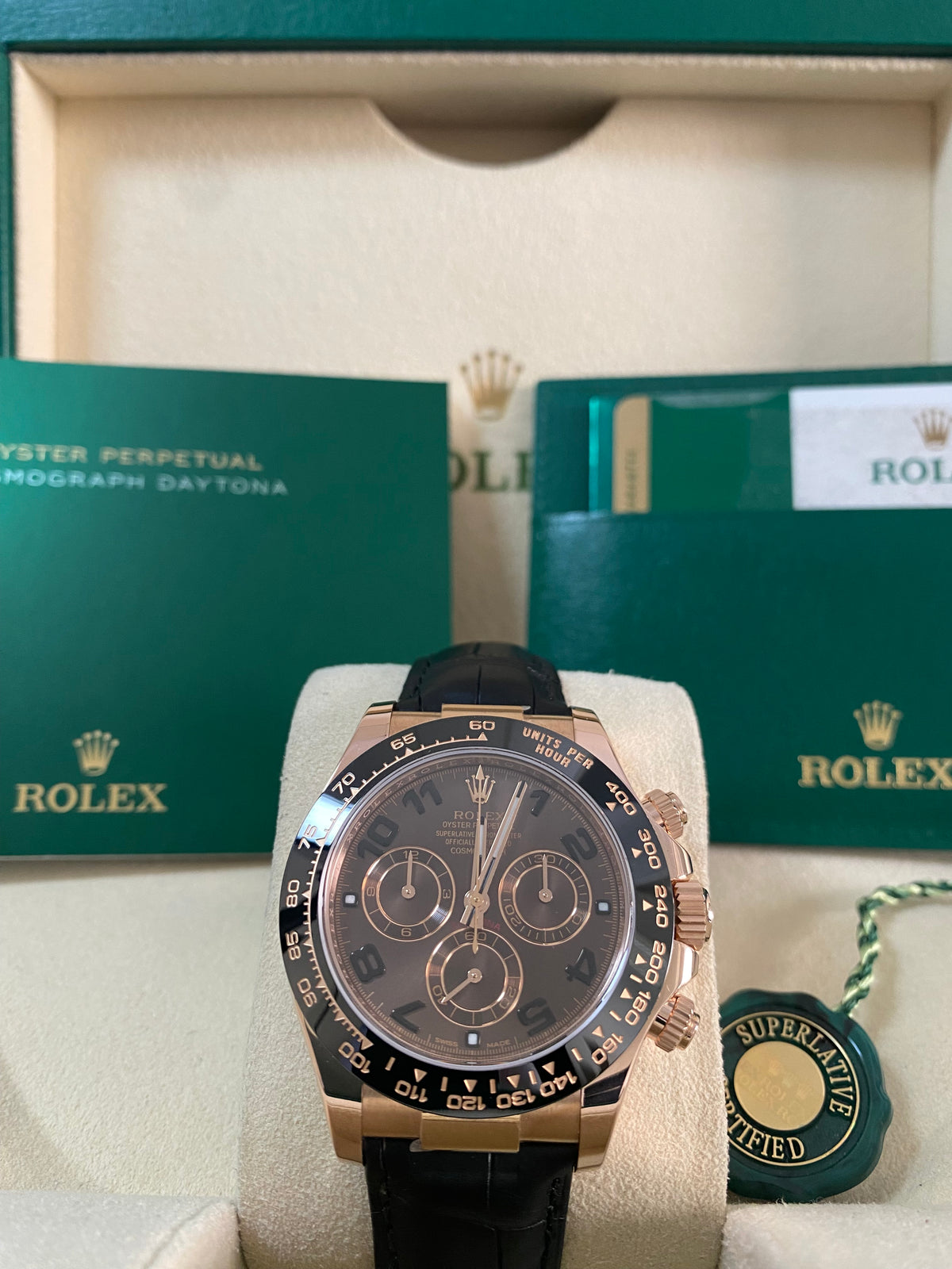 Rolex Everose Gold Cosmograph Daytona - 2015 - Chocolate Arabic Dial - Black Leather Strap - 116515LN *FULL SET*