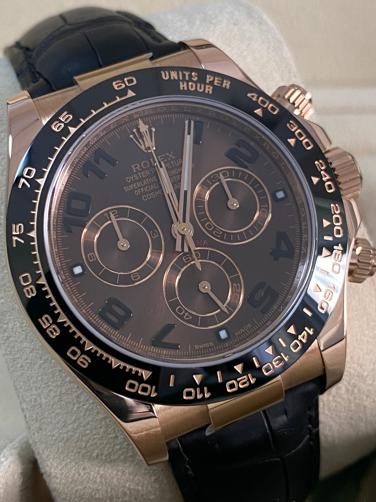 Rolex Everose Gold Cosmograph Daytona - 2015 - Chocolate Arabic Dial - Black Leather Strap - 116515LN *FULL SET*