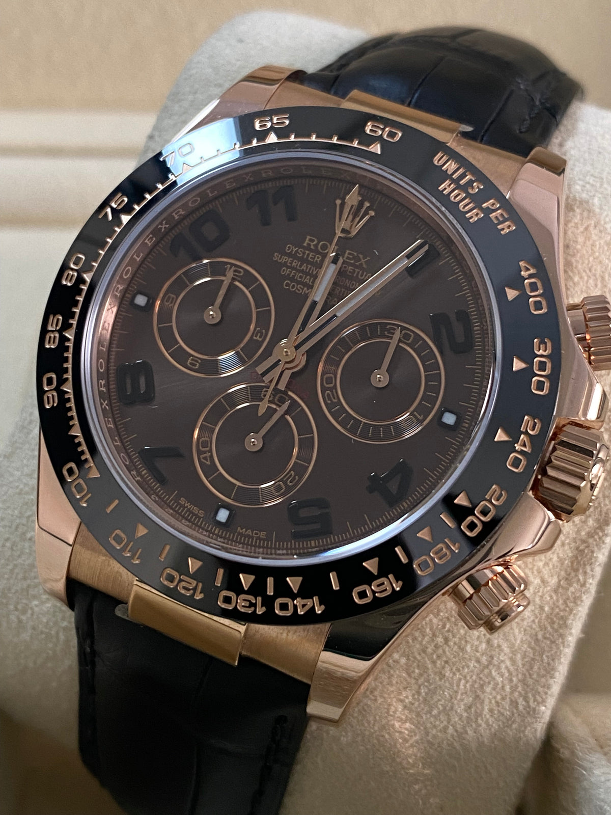 Rolex Everose Gold Cosmograph Daytona - 2015 - Chocolate Arabic Dial - Black Leather Strap - 116515LN *FULL SET*