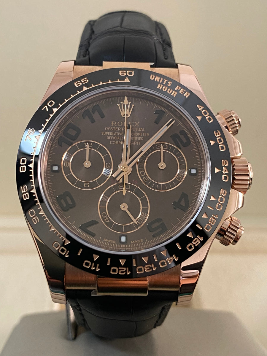 Rolex Everose Gold Cosmograph Daytona - 2015 - Chocolate Arabic Dial - Black Leather Strap - 116515LN *FULL SET*