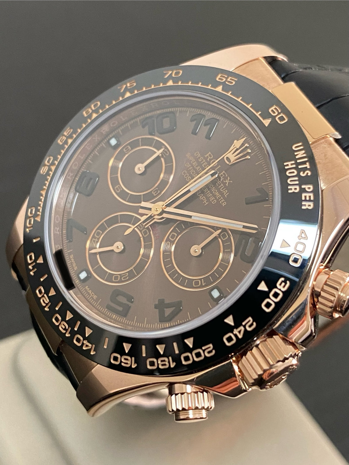 Rolex Everose Gold Cosmograph Daytona - 2015 - Chocolate Arabic Dial - Black Leather Strap - 116515LN *FULL SET*