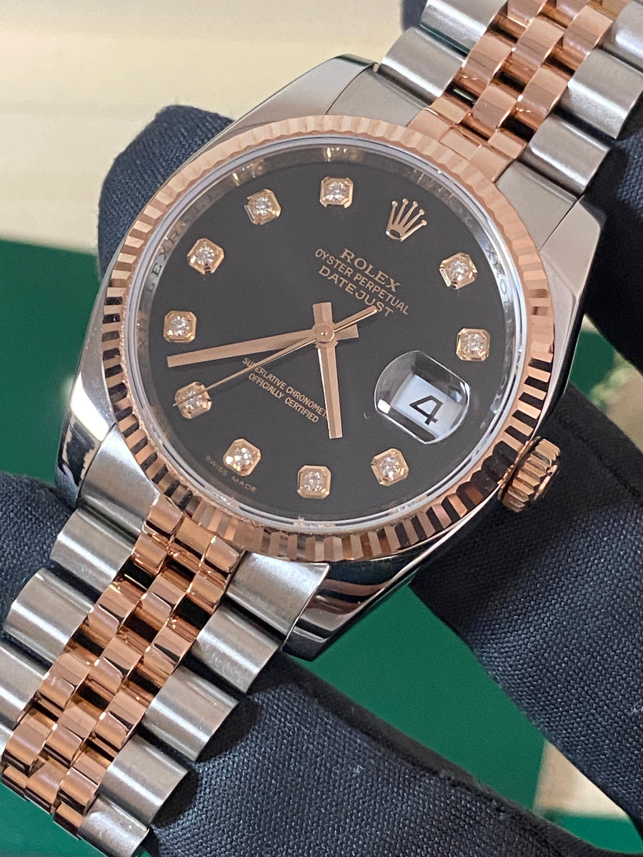 Rolex Steel and Everose Gold Datejust 36 - V serial - Fluted Bezel - Black Diamond Dial - Jubilee Bracelet - 116231