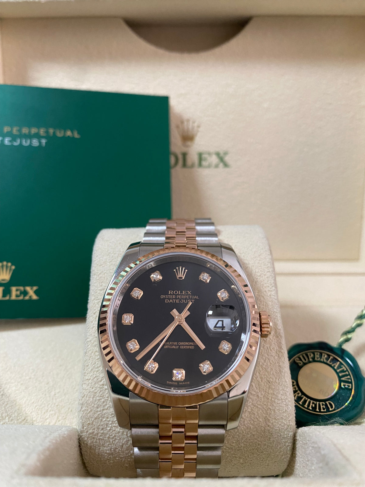 Rolex Steel and Everose Gold Datejust 36 - V serial - Fluted Bezel - Black Diamond Dial - Jubilee Bracelet - 116231