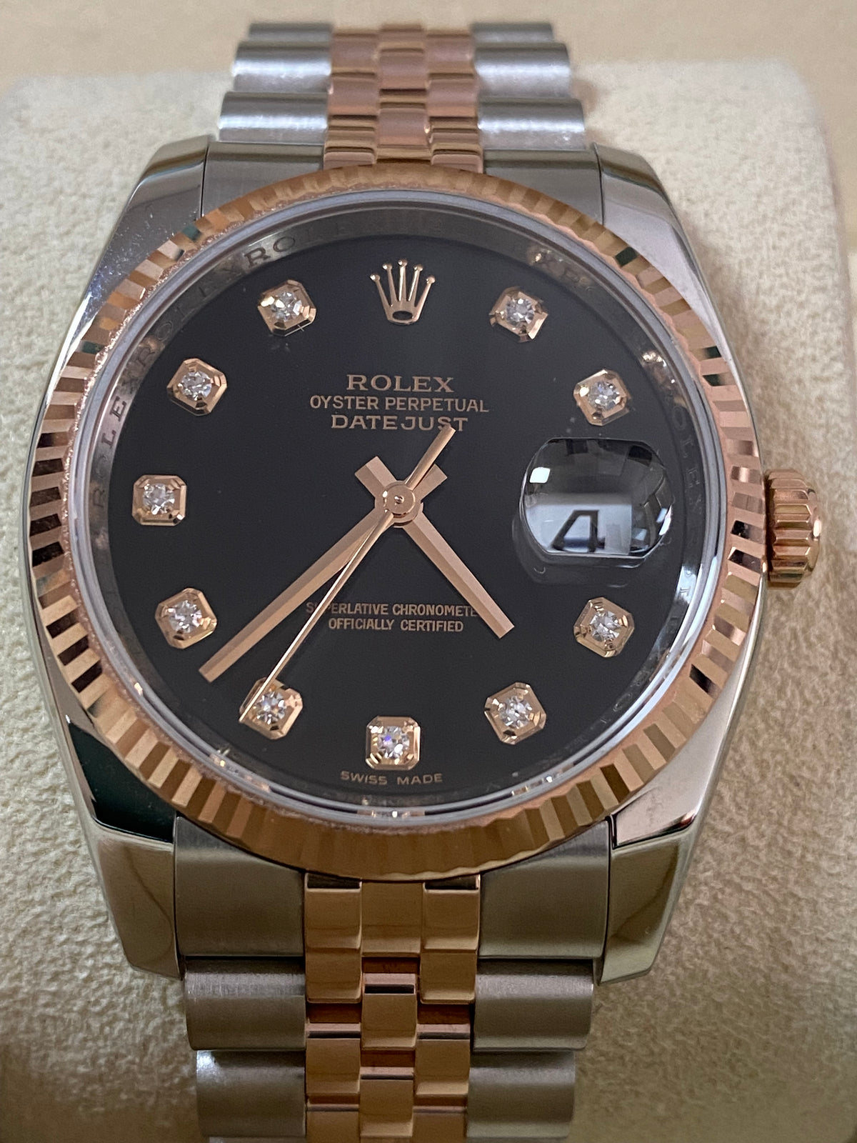 Rolex Steel and Everose Gold Datejust 36 - V serial - Fluted Bezel - Black Diamond Dial - Jubilee Bracelet - 116231