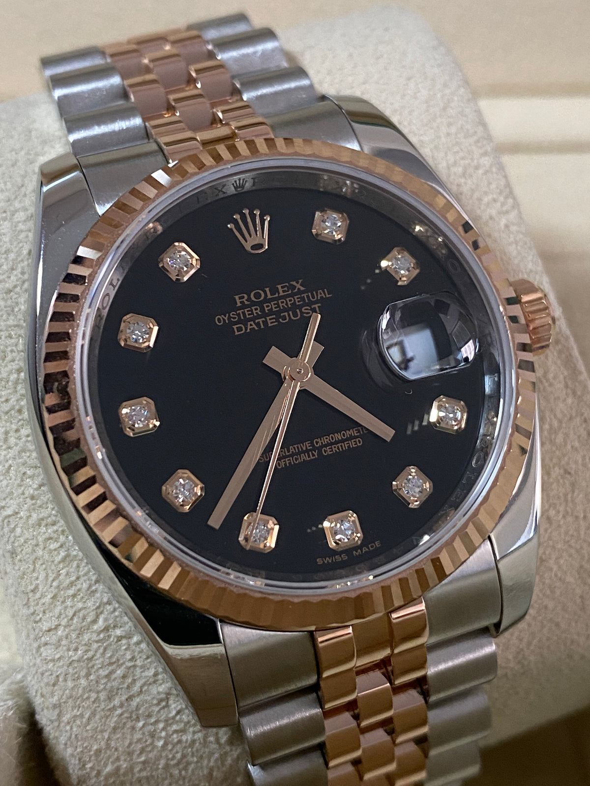 Rolex Steel and Everose Gold Datejust 36 - V serial - Fluted Bezel - Black Diamond Dial - Jubilee Bracelet - 116231