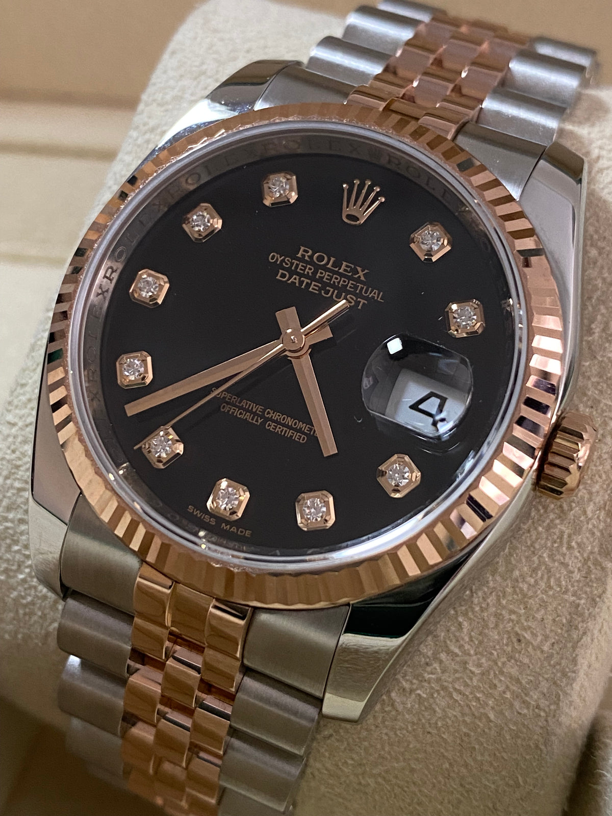 Rolex Steel and Everose Gold Datejust 36 - V serial - Fluted Bezel - Black Diamond Dial - Jubilee Bracelet - 116231