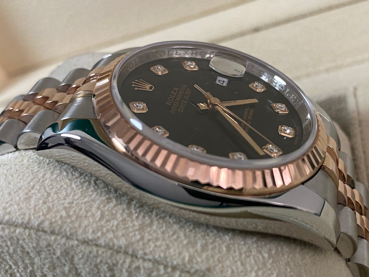 Rolex Steel and Everose Gold Datejust 36 - V serial - Fluted Bezel - Black Diamond Dial - Jubilee Bracelet - 116231