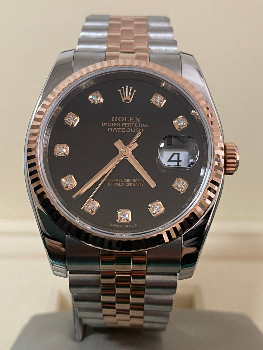 Rolex Steel and Everose Gold Datejust 36 - V serial - Fluted Bezel - Black Diamond Dial - Jubilee Bracelet - 116231