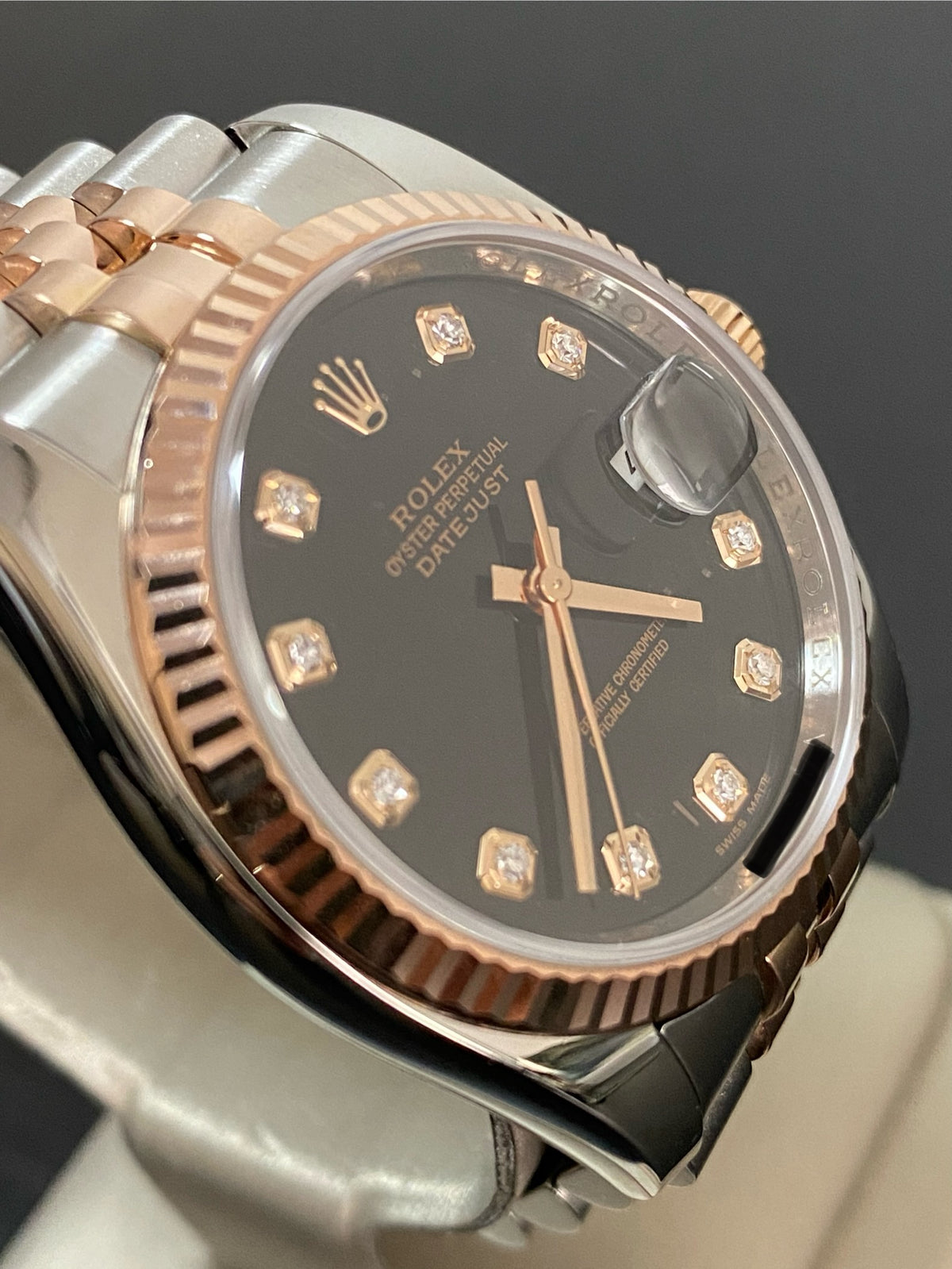 Rolex Steel and Everose Gold Datejust 36 - V serial - Fluted Bezel - Black Diamond Dial - Jubilee Bracelet - 116231