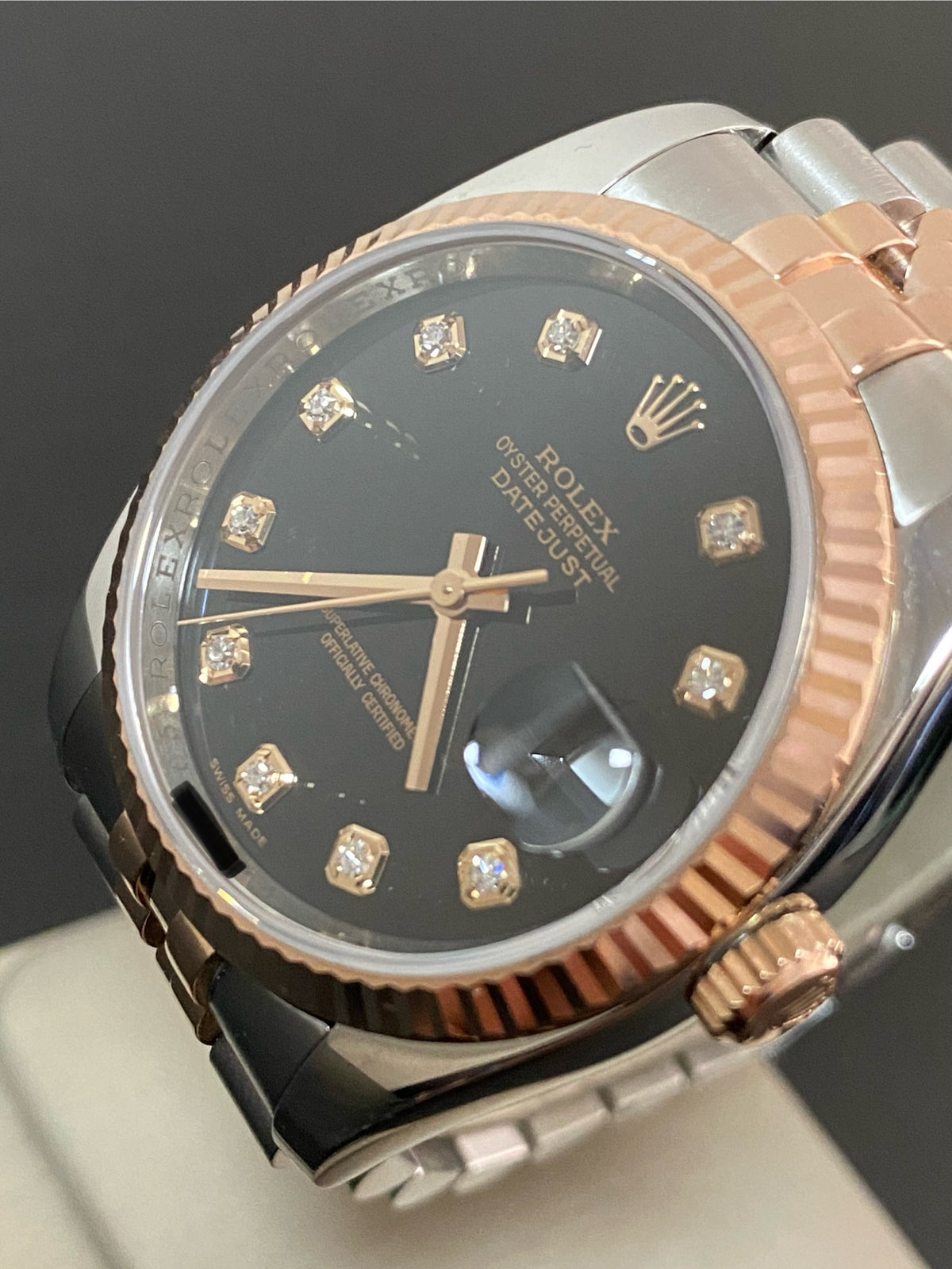 Rolex Steel and Everose Gold Datejust 36 - V serial - Fluted Bezel - Black Diamond Dial - Jubilee Bracelet - 116231