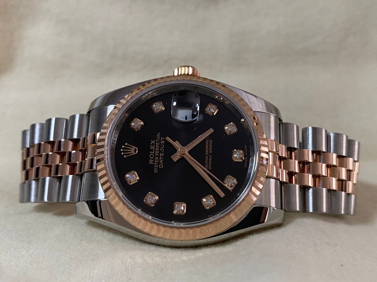 Rolex Steel and Everose Gold Datejust 36 - V serial - Fluted Bezel - Black Diamond Dial - Jubilee Bracelet - 116231