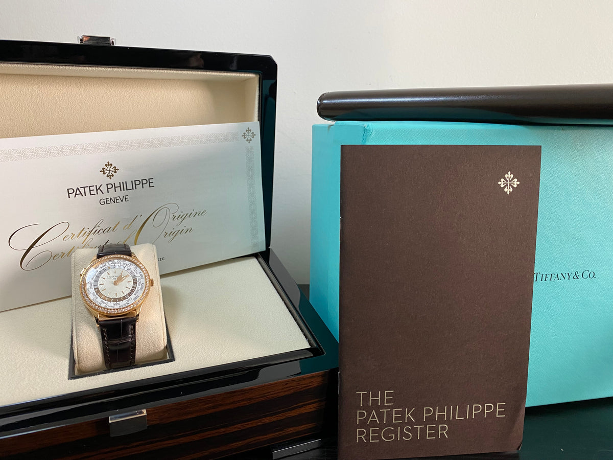 Patek Philippe World Time Tiffany & Co. - 2020 - Diamond Bezel - Ivory Dial - Leather Strap - 7130R-013 *FULL SET*