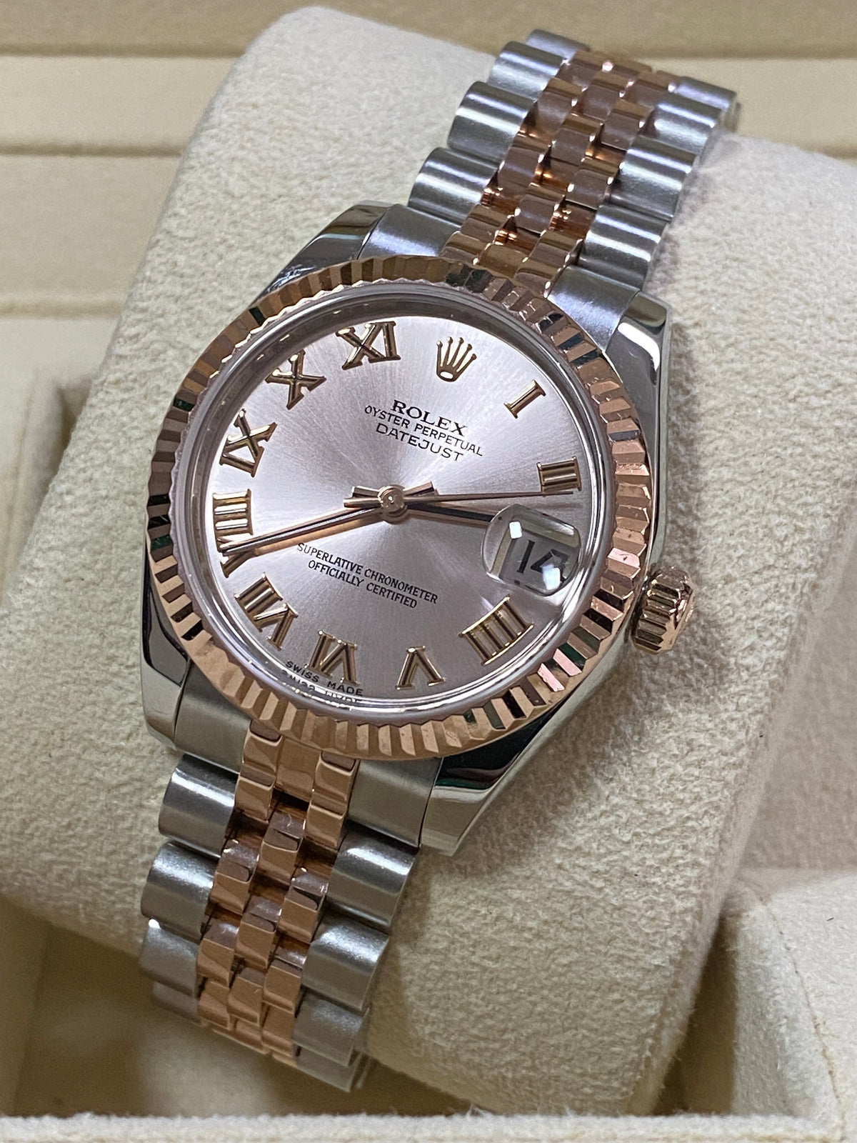 Rolex Steel and Everose Gold Datejust 31 - 2014 - Fluted Bezel - Pink Roman Dial Dial - Jubilee Bracelet - 178271