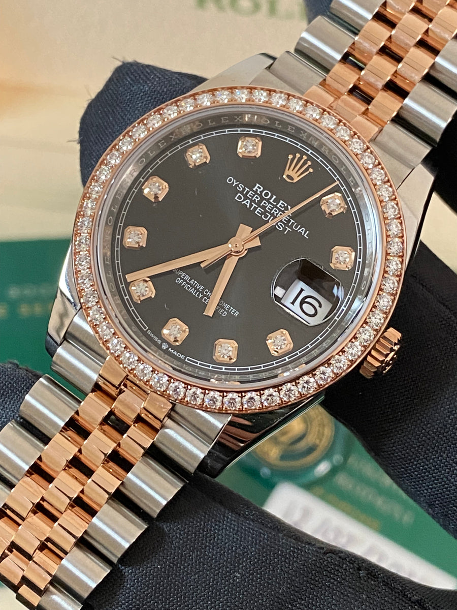 Rolex Steel and Everose Rolesor Datejust 36 - 2024 - Diamond Bezel - Black Diamond Dial - Jubilee Bracelet - 126281RBR *FULL SET*