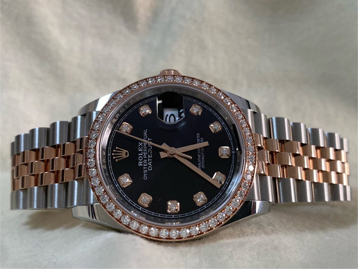 Rolex Steel and Everose Rolesor Datejust 36 - 2024 - Diamond Bezel - Black Diamond Dial - Jubilee Bracelet - 126281RBR *FULL SET*