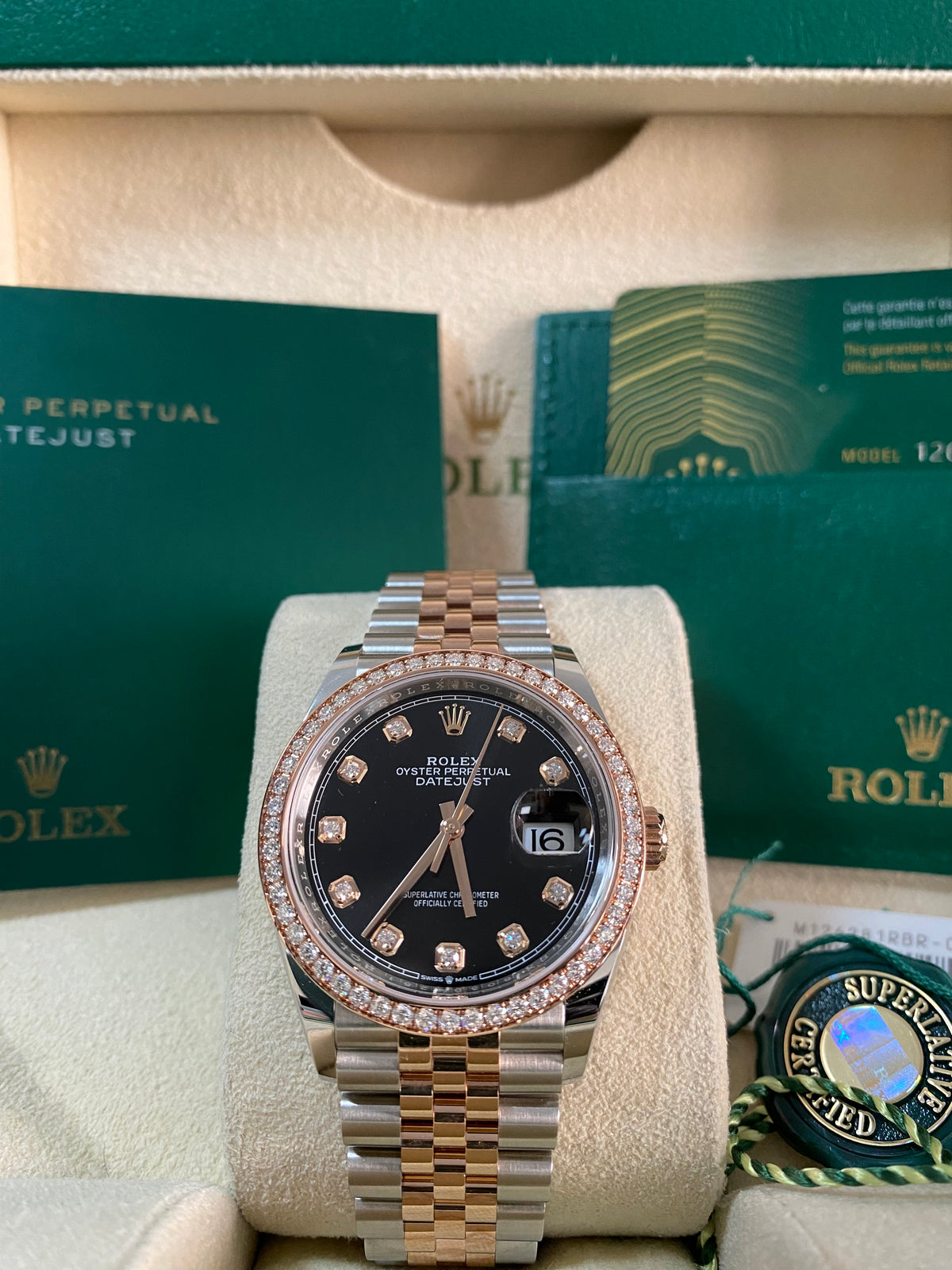 Rolex Steel and Everose Rolesor Datejust 36 - 2024 - Diamond Bezel - Black Diamond Dial - Jubilee Bracelet - 126281RBR *FULL SET*