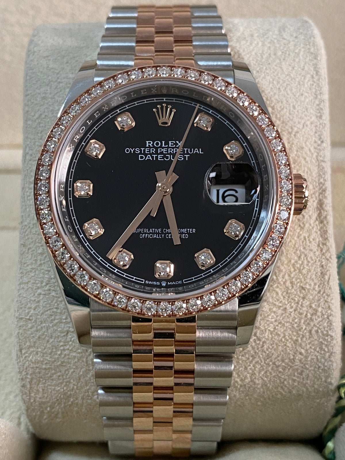 Rolex Steel and Everose Rolesor Datejust 36 - 2024 - Diamond Bezel - Black Diamond Dial - Jubilee Bracelet - 126281RBR *FULL SET*