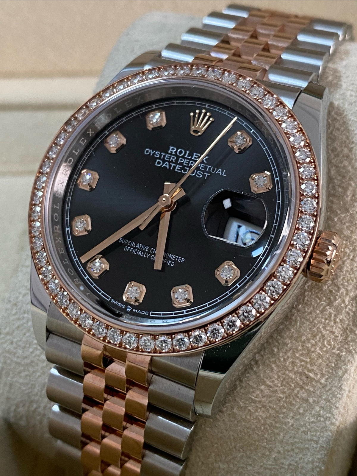 Rolex Steel and Everose Rolesor Datejust 36 - 2024 - Diamond Bezel - Black Diamond Dial - Jubilee Bracelet - 126281RBR *FULL SET*