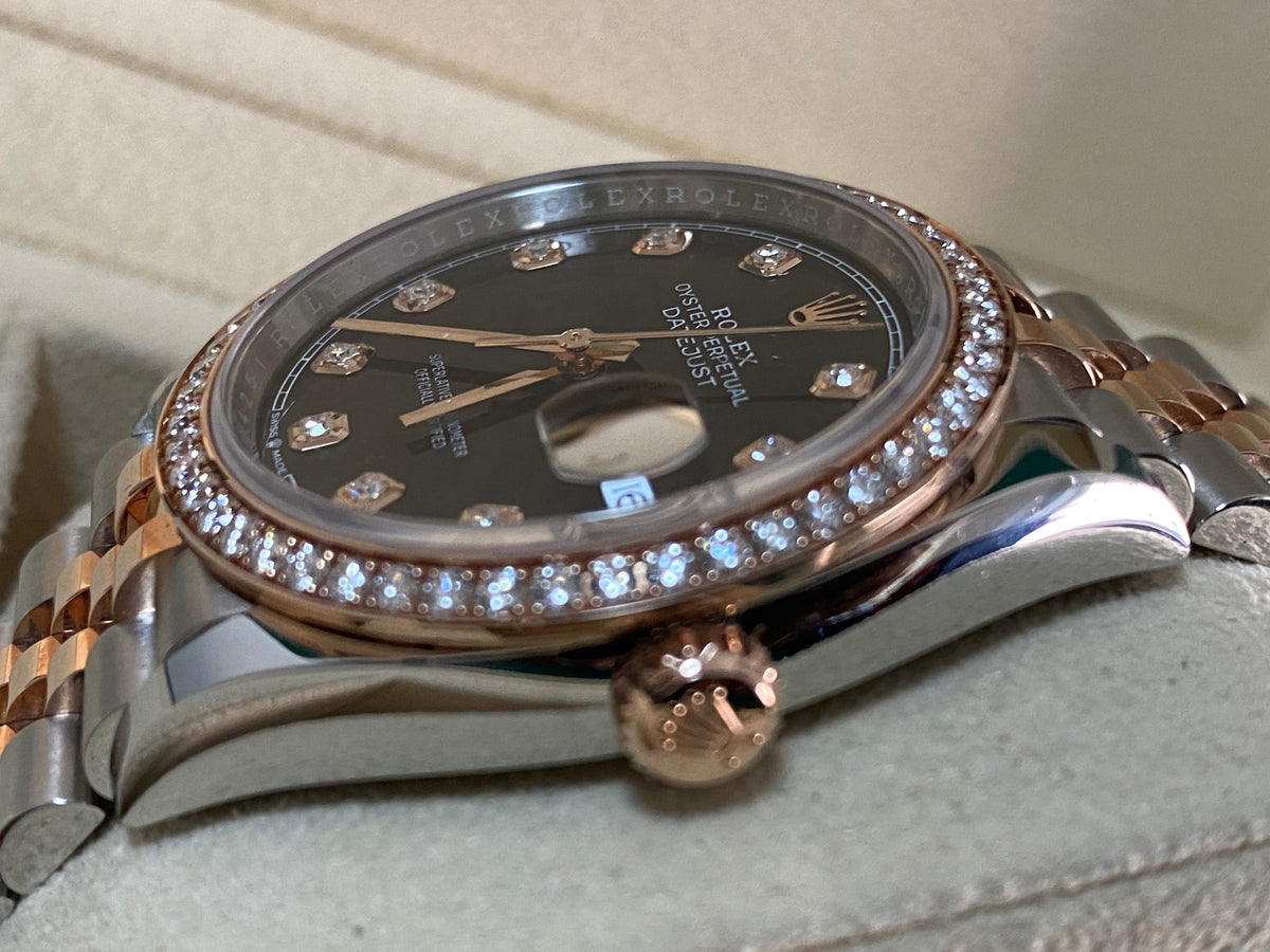 Rolex Steel and Everose Rolesor Datejust 36 - 2024 - Diamond Bezel - Black Diamond Dial - Jubilee Bracelet - 126281RBR *FULL SET*