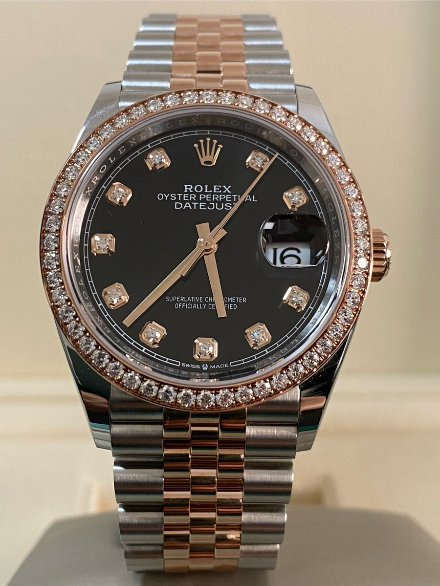 Rolex Steel and Everose Rolesor Datejust 36 - 2024 - Diamond Bezel - Black Diamond Dial - Jubilee Bracelet - 126281RBR *FULL SET*