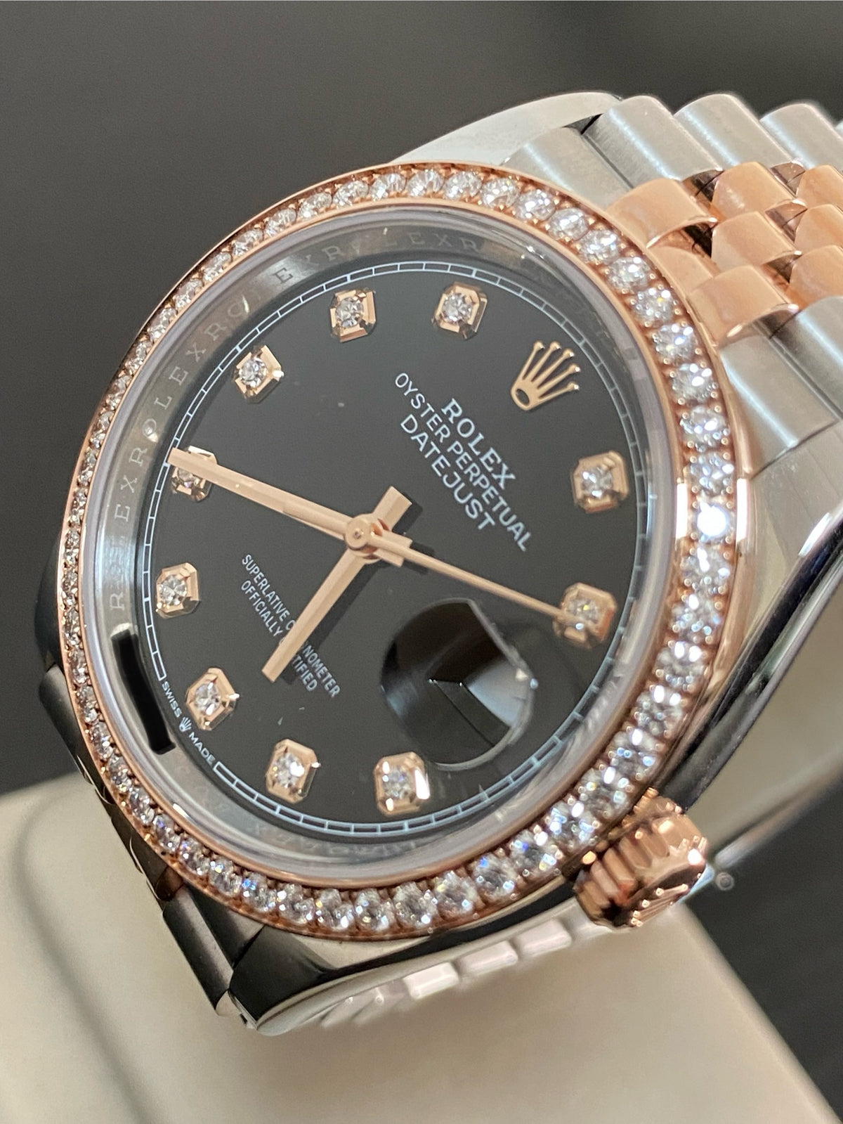 Rolex Steel and Everose Rolesor Datejust 36 - 2024 - Diamond Bezel - Black Diamond Dial - Jubilee Bracelet - 126281RBR *FULL SET*