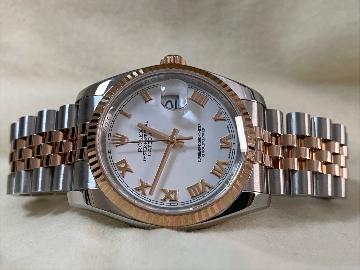 Rolex Steel and Everose Gold Datejust 36 - Z serial - Fluted Bezel - White Roman Dial - Jubilee Bracelet - 116231