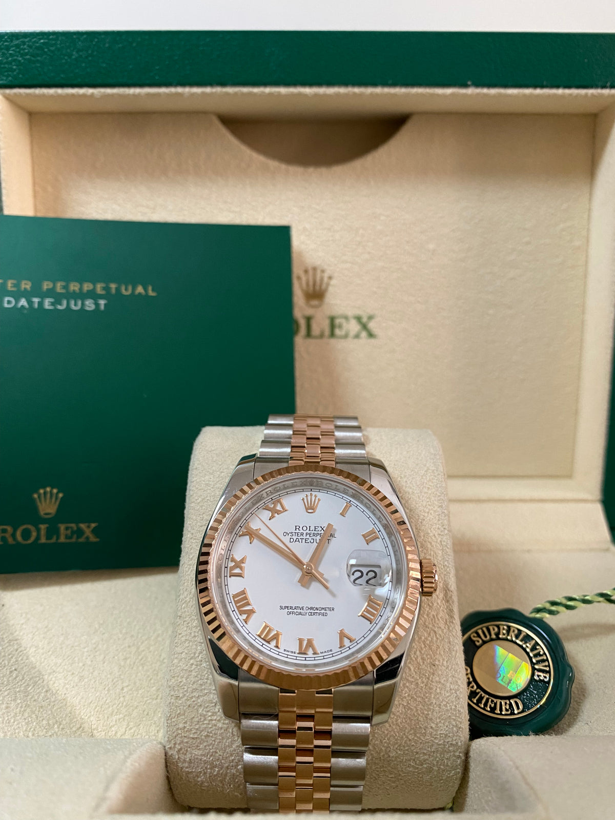 Rolex Steel and Everose Gold Datejust 36 - Z serial - Fluted Bezel - White Roman Dial - Jubilee Bracelet - 116231