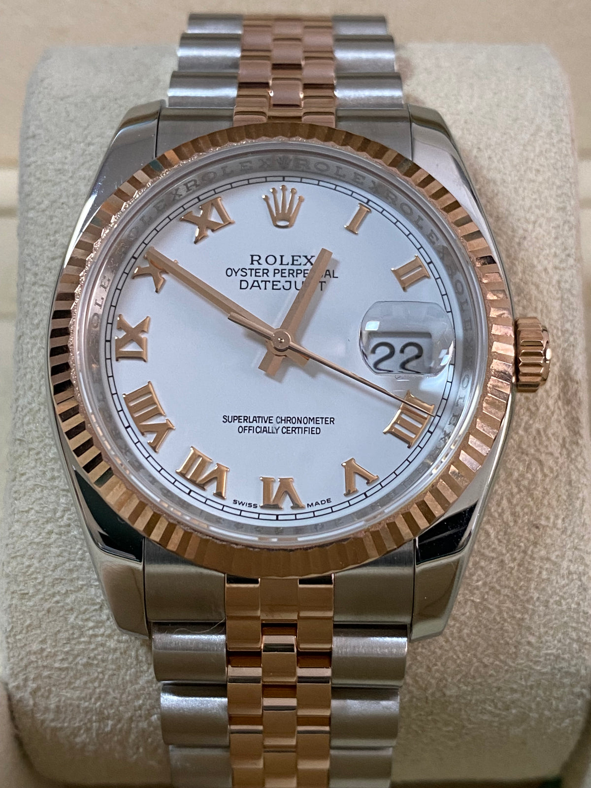 Rolex Steel and Everose Gold Datejust 36 - Z serial - Fluted Bezel - White Roman Dial - Jubilee Bracelet - 116231